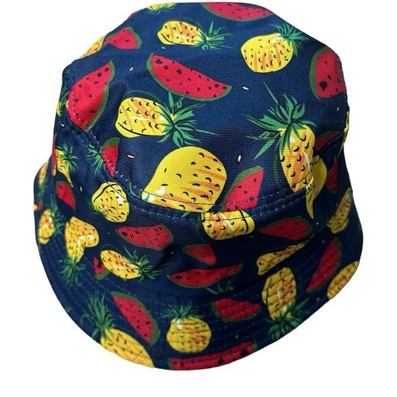 NWT Tropical Beach Bucket Sun Hat Navy Red Yellow Watermelon Pineapple One Size - Picture 1 of 8